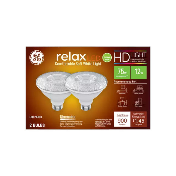 GE Relax HD PAR30 LED Light Bulbs, Outdoor Floodlight Bulbs, 75 Watt Replacement, Soft White (2 Pack)