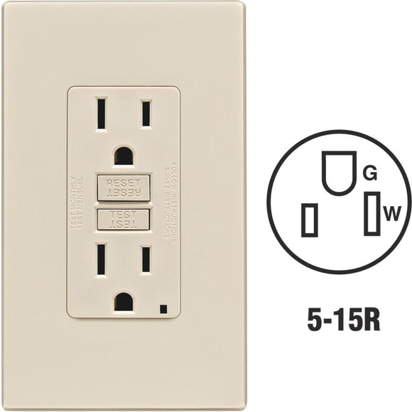 Leviton SmartlockPro Self-Test 15A Light Almond Residential Grade 5-15R GFCI Outlet with Screwless Wall Plate